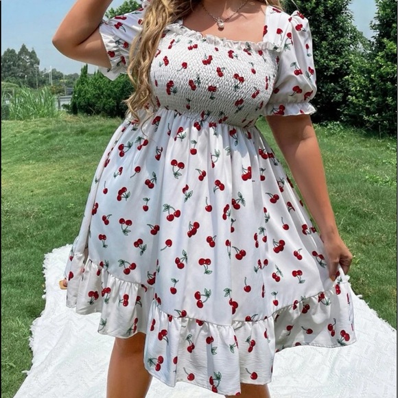 Boho Plus Size Off White Red Cherry Print Rockabilly Shirred Smocked Dress - Picture 5 of 6
